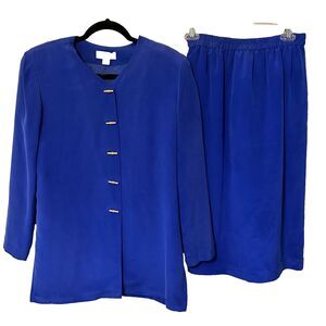 Shomi Vintage Two Piece Jacket Set Womens 6 Blue 100% Silk Frog Knot Satin Lined